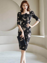 Square Neck Floral Print Slim Fit Midi Dress S / Black